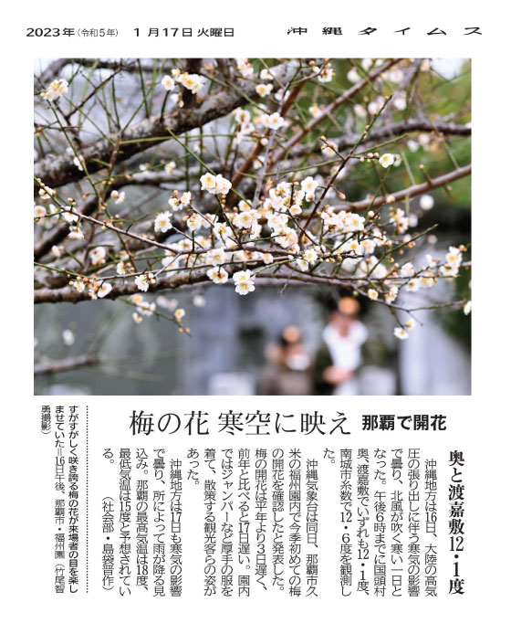 The freshly blooming plum blossoms delighted visitors to Fukushuen Garden in Naha City on the afternoon of March 16th.
(Photo by Mr. Takeo)